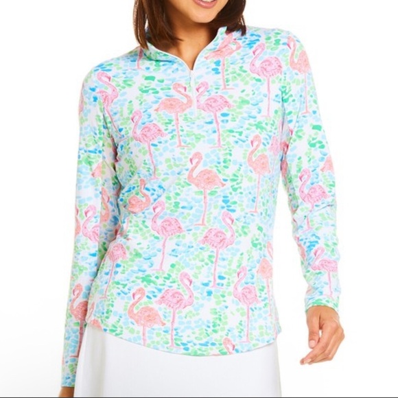 IBKUL FLAMINGO Turquoise Pink Long Sleeve Mock Golf Shirt Size XS - Picture 1 of 9